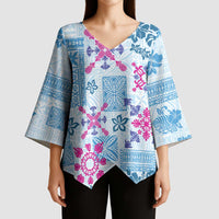 Hawaii Tapa Tribal Kimono Sleeve Blouse With Hawaiian Quilt Pattern Blue - Polynesian Pride