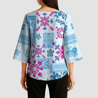 Hawaii Tapa Tribal Kimono Sleeve Blouse With Hawaiian Quilt Pattern Blue - Polynesian Pride