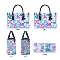 Hawaii Tapa Tribal Leather Bag With Hawaiian Quilt Pattern Blue - Polynesian Pride