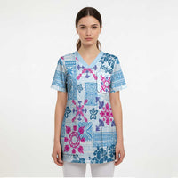 Hawaii Tapa Tribal Scrub Top With Hawaiian Quilt Pattern Blue - Polynesian Pride