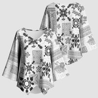 Hawaii Tapa Tribal Kimono Sleeve Blouse With Hawaiian Quilt Pattern Black - Polynesian Pride