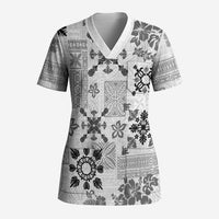 Hawaii Tapa Tribal Scrub Top With Hawaiian Quilt Pattern Black - Polynesian Pride