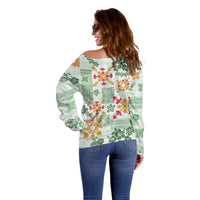 Hawaii Tapa Tribal Off Shoulder Sweater With Hawaiian Quilt Pattern Green LT9 - Polynesian Pride