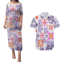 Hawaii Tapa Tribal Couples Matching Puletasi Dress and Hawaiian Shirt With Hawaiian Quilt Pattern Violet LT9 Violet - Polynesian Pride