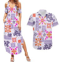 Hawaii Tapa Tribal Couples Matching Summer Maxi Dress and Hawaiian Shirt With Hawaiian Quilt Pattern Violet LT9 Violet - Polynesian Pride