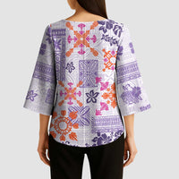 Hawaii Tapa Tribal Kimono Sleeve Blouse With Hawaiian Quilt Pattern Violet - Polynesian Pride