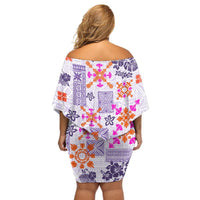Hawaii Tapa Tribal Off Shoulder Short Dress With Hawaiian Quilt Pattern Violet LT9 - Polynesian Pride