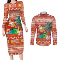Hawaii Mele Kalikimaka Couples Matching Long Sleeve Bodycon Dress and Long Sleeve Button Shirt Surfing Santa Funny Christmas