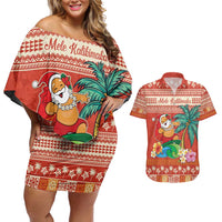 Hawaii Mele Kalikimaka Couples Matching Off Shoulder Short Dress and Hawaiian Shirt Surfing Santa Funny Christmas LT9 Red - Polynesian Pride