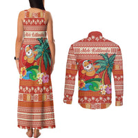 Hawaii Mele Kalikimaka Couples Matching Tank Maxi Dress and Long Sleeve Button Shirt Surfing Santa Funny Christmas