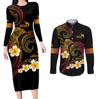 Personalised Papua New Guinea Sepik Couples Matching Long Sleeve Bodycon Dress and Long Sleeve Button Shirt Plumeria Floral Tribal Pattern LT9 Black - Polynesian Pride
