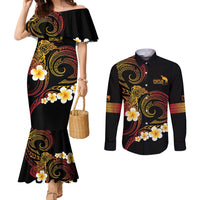 Personalised Papua New Guinea Sepik Couples Matching Mermaid Dress and Long Sleeve Button Shirt Plumeria Floral Tribal Pattern LT9 Black - Polynesian Pride