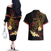 Personalised Papua New Guinea Sepik Couples Matching Off The Shoulder Long Sleeve Dress and Hawaiian Shirt Plumeria Floral Tribal Pattern LT9 - Polynesian Pride