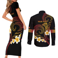 Personalised Papua New Guinea Sepik Couples Matching Short Sleeve Bodycon Dress and Long Sleeve Button Shirt Plumeria Floral Tribal Pattern LT9 - Polynesian Pride