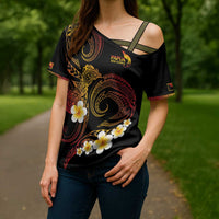 Personalised Papua New Guinea Sepik Cross Shoulder Shirt Plumeria Floral Tribal Pattern - Polynesian Pride
