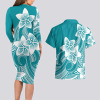 Polynesian Plumeria Flowers Tribal Couples Matching Long Sleeve Bodycon Dress and Hawaiian Shirt Pacific Tattoo Teal Style LT9 - Polynesian Pride