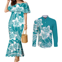 Polynesian Plumeria Flowers Tribal Couples Matching Mermaid Dress and Long Sleeve Button Shirt Pacific Tattoo Teal Style LT9 Teal - Polynesian Pride