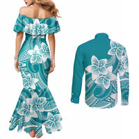 Polynesian Plumeria Flowers Tribal Couples Matching Mermaid Dress and Long Sleeve Button Shirt Pacific Tattoo Teal Style LT9 - Polynesian Pride