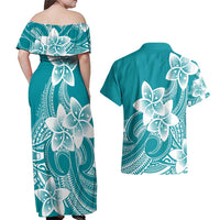 Polynesian Plumeria Flowers Tribal Couples Matching Off Shoulder Maxi Dress and Hawaiian Shirt Pacific Tattoo Teal Style LT9 - Polynesian Pride