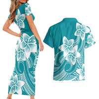 Polynesian Plumeria Flowers Tribal Couples Matching Short Sleeve Bodycon Dress and Hawaiian Shirt Pacific Tattoo Teal Style LT9 - Polynesian Pride