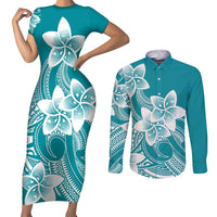 Polynesian Plumeria Flowers Tribal Couples Matching Short Sleeve Bodycon Dress and Long Sleeve Button Shirt Pacific Tattoo Teal Style LT9 Teal - Polynesian Pride