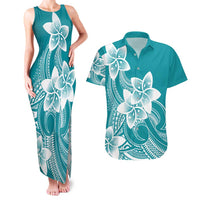 Polynesian Plumeria Flowers Tribal Couples Matching Tank Maxi Dress and Hawaiian Shirt Pacific Tattoo Teal Style LT9 Teal - Polynesian Pride