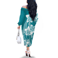 Polynesian Plumeria Flowers Tribal Family Matching Off The Shoulder Long Sleeve Dress and Hawaiian Shirt Pacific Tattoo Teal Style - Polynesian Pride