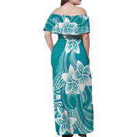 Polynesian Plumeria Flowers Tribal Family Matching Off Shoulder Maxi Dress and Hawaiian Shirt Pacific Tattoo Teal Style - Polynesian Pride