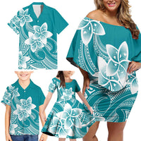 Polynesian Plumeria Flowers Tribal Family Matching Off Shoulder Short Dress and Hawaiian Shirt Pacific Tattoo Teal Style - Polynesian Pride