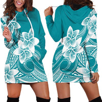 Polynesian Plumeria Flowers Tribal Hoodie Dress Pacific Tattoo Teal Style - Polynesian Pride