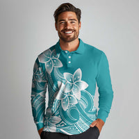 Polynesian Plumeria Flowers Tribal Long Sleeve Polo Shirt Pacific Tattoo Teal Style - Polynesian Pride