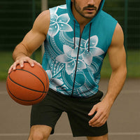 Polynesian Plumeria Flowers Tribal Sleeveless Zip Hoodie Pacific Tattoo Teal Style - Polynesian Pride