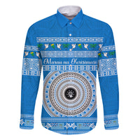 Personalised Fiji Marau Na Kerisimasi Family Matching Long Sleeve Bodycon Dress and Hawaiian Shirt Merry Christmas Tapa Pattern Blue Style LT9 Dad's Shirt - Long Sleeve Red - Polynesian Pride