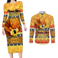 PNG Hamamas Krismas Couples Matching Long Sleeve Bodycon Dress and Long Sleeve Button Shirt Papua New Guinea Bird Of Paradise Merry Christmas Gold Style LT9 Gold - Polynesian Pride