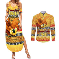 Personalised PNG Hamamas Krismas Couples Matching Summer Maxi Dress and Long Sleeve Button Shirt Papua New Guinea Bird Of Paradise Merry Christmas Gold Style LT9 Gold - Polynesian Pride