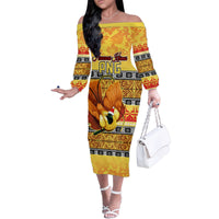 Personalised PNG Hamamas Krismas Family Matching Off Shoulder Long Sleeve Dress and Hawaiian Shirt Papua New Guinea Bird Of Paradise Merry Christmas Gold Style LT9 Mom's Dress Gold - Polynesian Pride