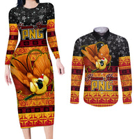 Personalised PNG Hamamas Krismas Couples Matching Long Sleeve Bodycon Dress and Long Sleeve Button Shirt Papua New Guinea Bird Of Paradise Merry Christmas Black Style LT9 Black - Polynesian Pride