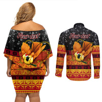 Personalised PNG Hamamas Krismas Couples Matching Off Shoulder Short Dress and Long Sleeve Button Shirt Papua New Guinea Bird Of Paradise Merry Christmas Black Style LT9 - Polynesian Pride