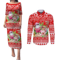 Personalised Hawaii Mele Kalikimaka Couples Matching Puletasi Dress and Long Sleeve Button Shirt Santa Beach Merry Christmas LT9 Red - Polynesian Pride