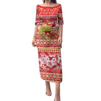 Hawaii Mele Kalikimaka Family Matching Puletasi Dress and Hawaiian Shirt Santa Claus and Hula Dancing Merry Christmas LT9 Mom's Dress Red - Polynesian Pride