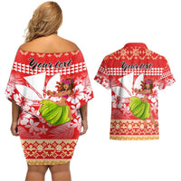 Personalised Hawaii Mele Kalikimaka Couples Matching Off Shoulder Short Dress and Hawaiian Shirt Santa Claus and Hula Dancing Merry Christmas LT9 - Polynesian Pride