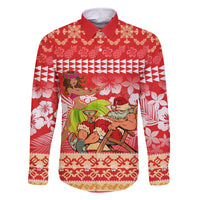 Personalised Hawaii Mele Kalikimaka Family Matching Summer Maxi Dress and Hawaiian Shirt Santa Claus and Hula Dancing Merry Christmas LT9 Dad's Shirt - Long Sleeve Red - Polynesian Pride