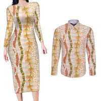 Hawaiian Ohia Lehua Lei Couples Matching Long Sleeve Bodycon Dress and Long Sleeve Button Shirt Plaid Palaka Ahiehie Pattern - Polynesian Pride