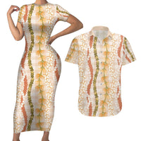 Hawaiian Ohia Lehua Lei Couples Matching Short Sleeve Bodycon Dress and Hawaiian Shirt Plaid Palaka Ahiehie Pattern LT9 Beige - Polynesian Pride