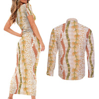 Hawaiian Ohia Lehua Lei Couples Matching Short Sleeve Bodycon Dress and Long Sleeve Button Shirt Plaid Palaka Ahiehie Pattern LT9 - Polynesian Pride