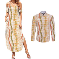 Hawaiian Ohia Lehua Lei Couples Matching Summer Maxi Dress and Long Sleeve Button Shirt Plaid Palaka Ahiehie Pattern - Polynesian Pride
