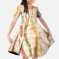 Hawaiian Ohia Lehua Lei Family Matching Mermaid Dress and Hawaiian Shirt Plaid Palaka Ahiehie Pattern LT9 Daughter's Dress Beige - Polynesian Pride