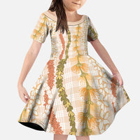 Hawaiian Ohia Lehua Lei Family Matching Short Sleeve Bodycon Dress and Hawaiian Shirt Plaid Palaka Ahiehie Pattern LT9 Daughter's Dress Beige - Polynesian Pride