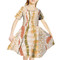 Hawaiian Ohia Lehua Lei Kid Short Sleeve Dress Plaid Palaka Ahiehie Pattern - Polynesian Pride
