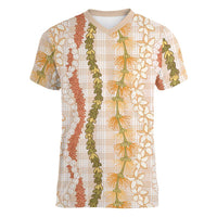Hawaiian Ohia Lehua Lei Women V-Neck T-Shirt Plaid Palaka Ahiehie Pattern - Polynesian Pride
